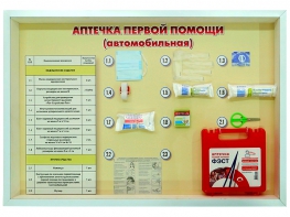 Стенд "Аптечка первой помощи (автомобильная)" (образцы под оргстеклом) - fgospostavki.ru - Щёлково